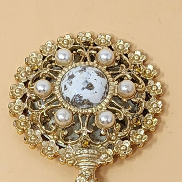 Vintage Ornate Handheld Mini Mirror With Decorative Handle & Pearl Accents - Picture 4 of 7